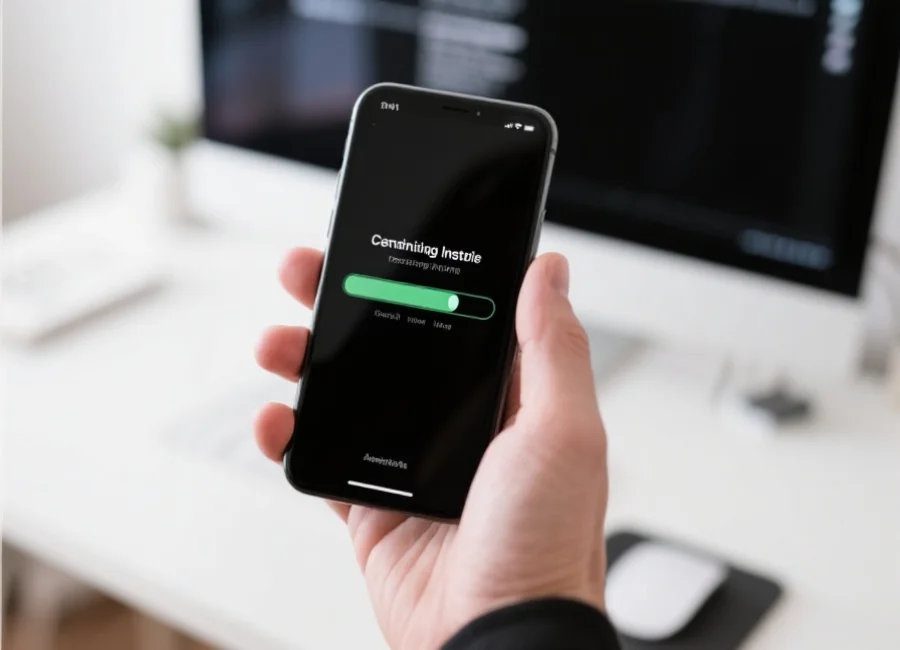 一只手持iPhone,屏幕上显示正在安装应用程序的进度条,背景为明亮的工作桌