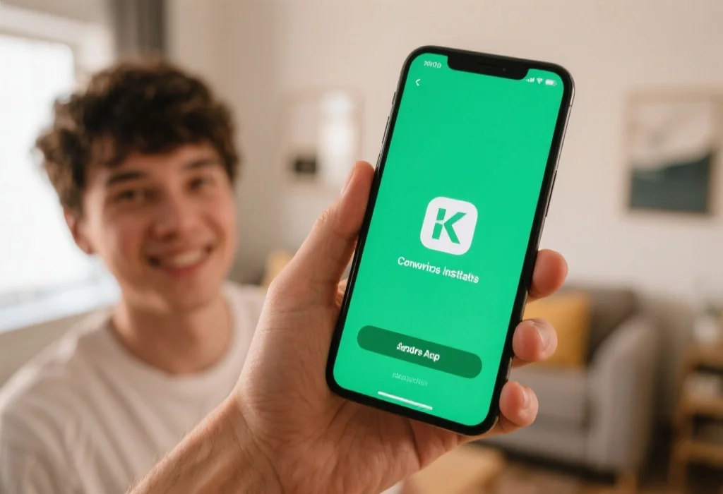 一位年轻人手持安卓手机,屏幕显示正在安装K体育App,背景为家中环境,氛围轻松