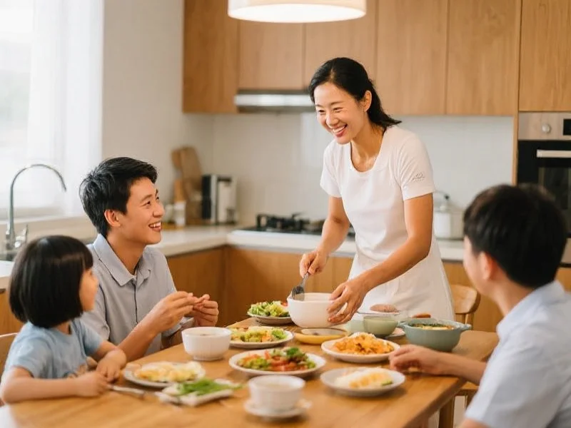 李娜在厨房里微笑着为家人准备晚餐，家人围坐在餐桌旁其乐融融